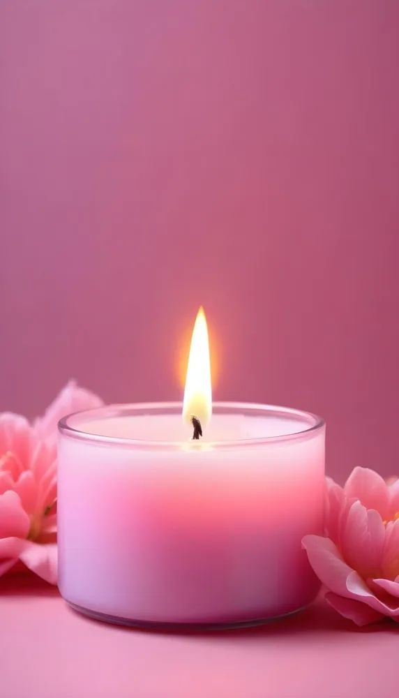 A Pink Candle In A Glass Jar With A Bright Flame Surrounded By Pink Flowers On A Pink Background 27 03c1