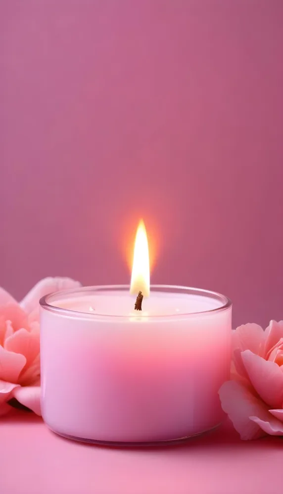 A Pink Candle In A Glass Jar With A Bright Flame Surrounded By Pink Flowers On A Pink Background 28 7518