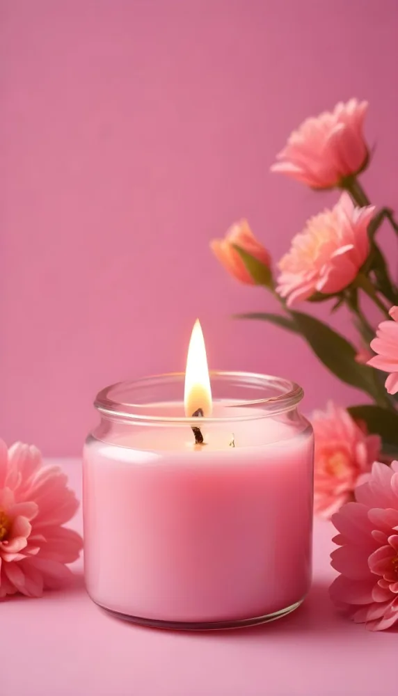 A Pink Candle In A Glass Jar With A Bright Flame Surrounded By Pink Flowers On A Pink Background 3 0a86