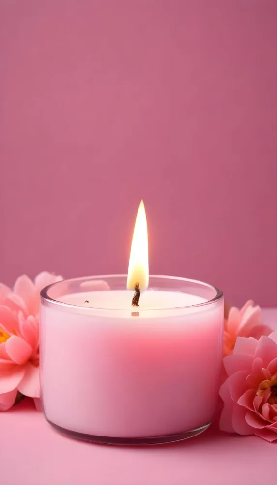 A Pink Candle In A Glass Jar With A Bright Flame Surrounded By Pink Flowers On A Pink Background 4 7a61
