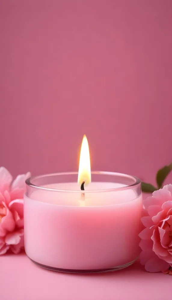 A Pink Candle In A Glass Jar With A Bright Flame Surrounded By Pink Flowers On A Pink Background 5 Cfc9