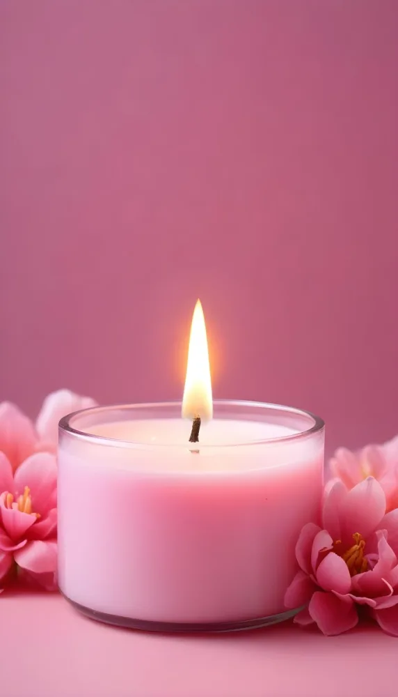 A Pink Candle In A Glass Jar With A Bright Flame Surrounded By Pink Flowers On A Pink Background 6 A458