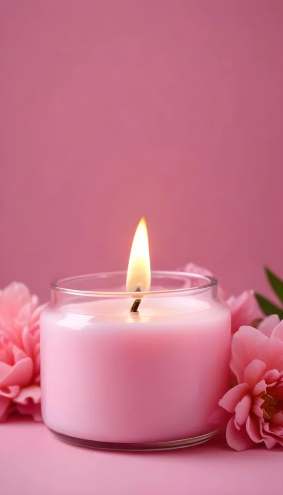 A Pink Candle In A Glass Jar With A Bright Flame Surrounded By Pink Flowers On A Pink Background 8 4780