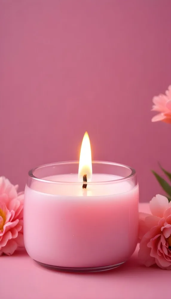 A Pink Candle In A Glass Jar With A Bright Flame Surrounded By Pink Flowers On A Pink Background 9 97b9