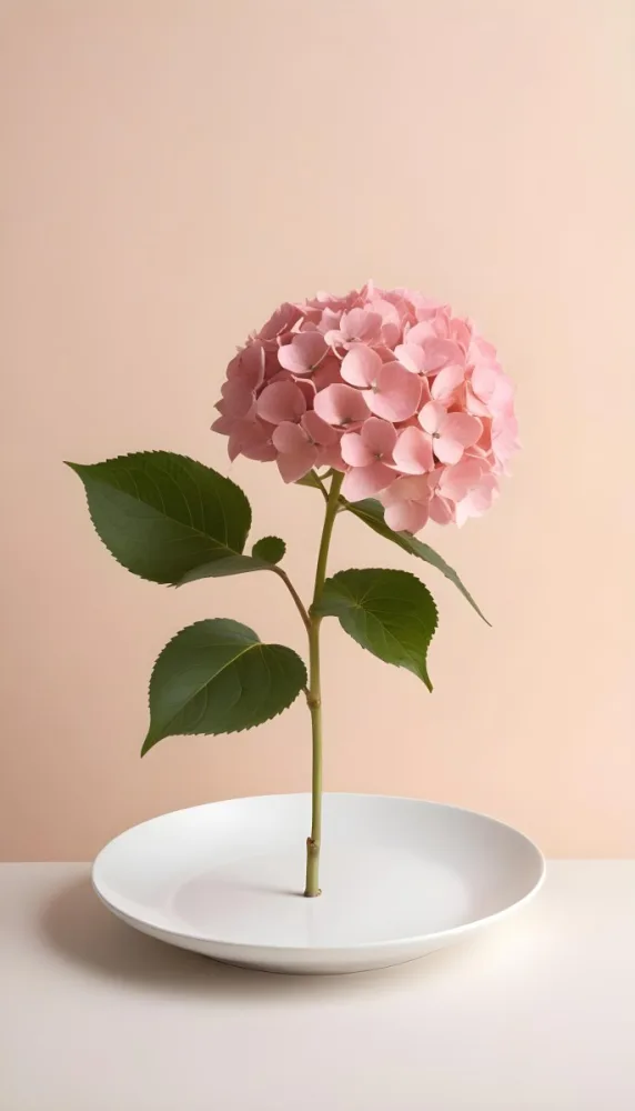 A Pink Hydrangea Flower On A White Stem With A White Plate In The Foreground Against A Light Peach Background 10 1577