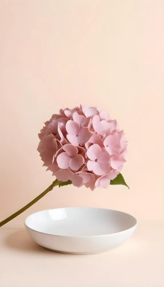 A Pink Hydrangea Flower On A White Stem With A White Plate In The Foreground Against A Light Peach Background 15 2e04