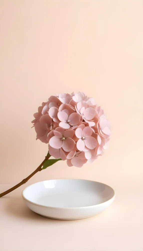 A Pink Hydrangea Flower On A White Stem With A White Plate In The Foreground Against A Light Peach Background 16 E94f