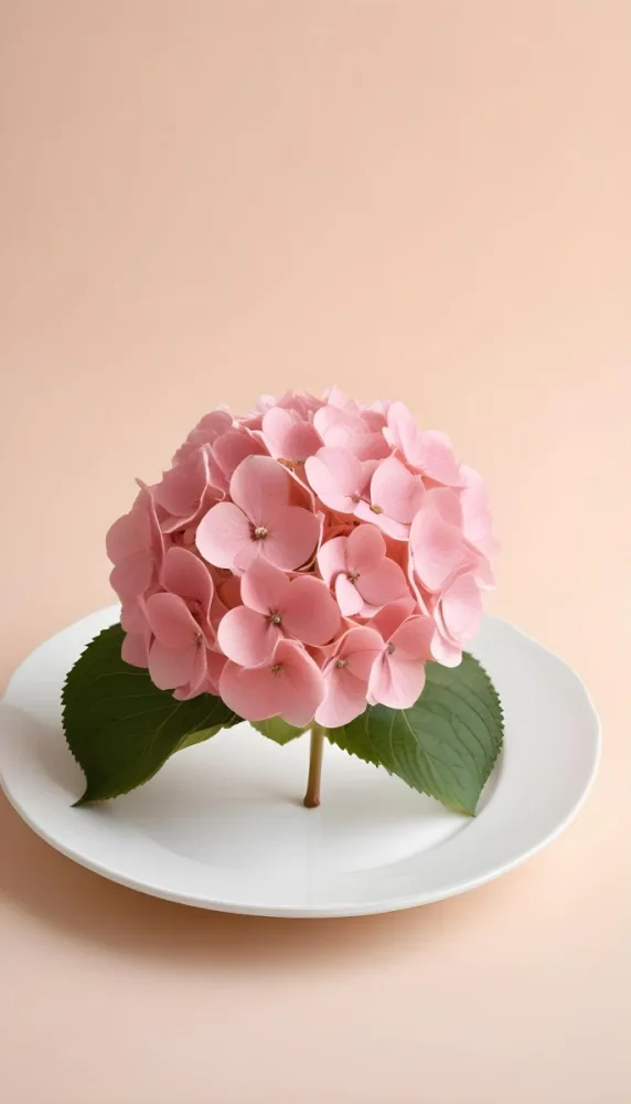 A Pink Hydrangea Flower On A White Stem With A White Plate In The Foreground Against A Light Peach Background 29 Ae1b