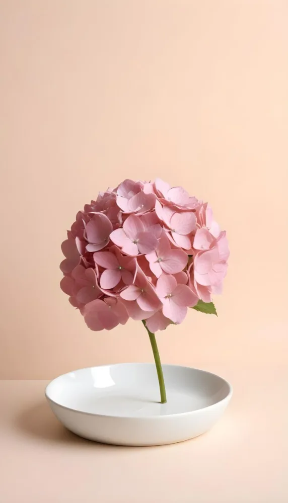 A Pink Hydrangea Flower On A White Stem With A White Plate In The Foreground Against A Light Peach Background 35 4b41