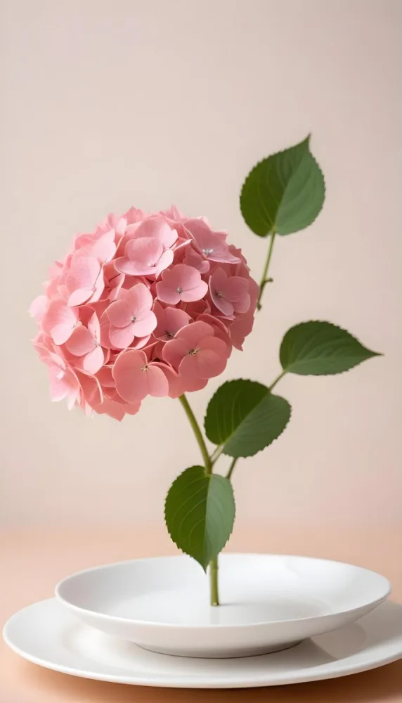 A Pink Hydrangea Flower On A White Stem With A White Plate In The Foreground Against A Light Peach Background 38 752a