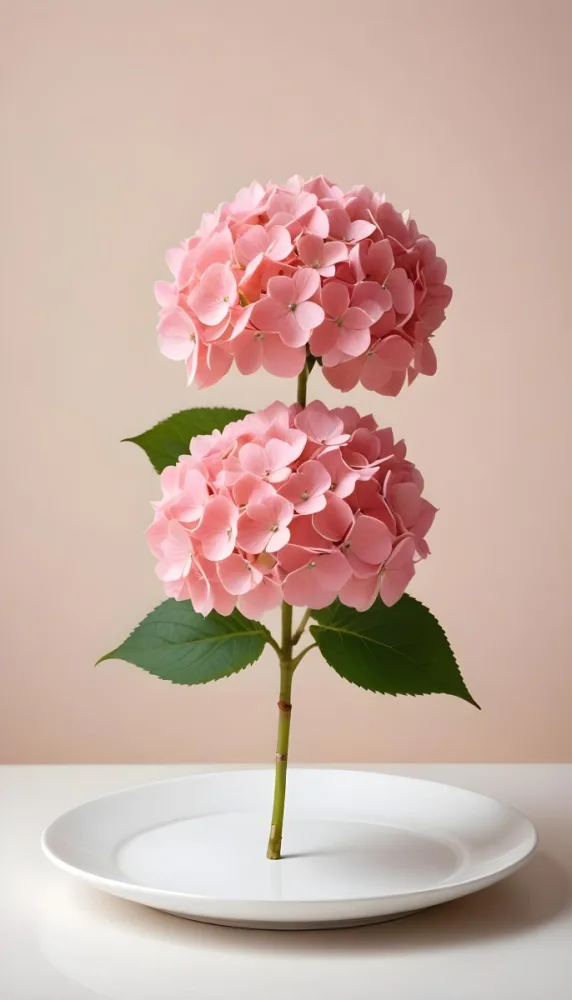 A Pink Hydrangea Flower On A White Stem With A White Plate In The Foreground Against A Light Peach Background 39 F474