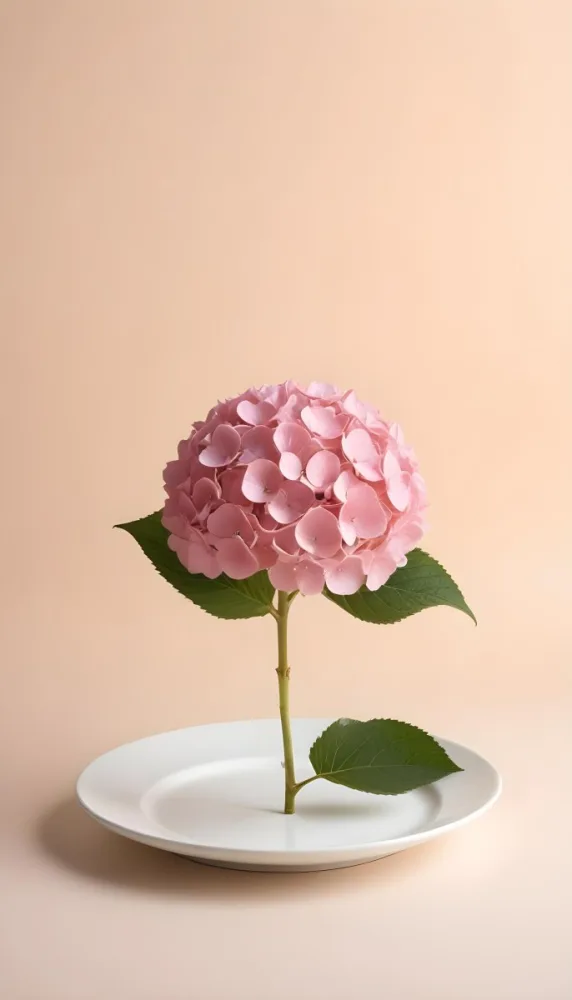 A Pink Hydrangea Flower On A White Stem With A White Plate In The Foreground Against A Light Peach Background 4 F07a