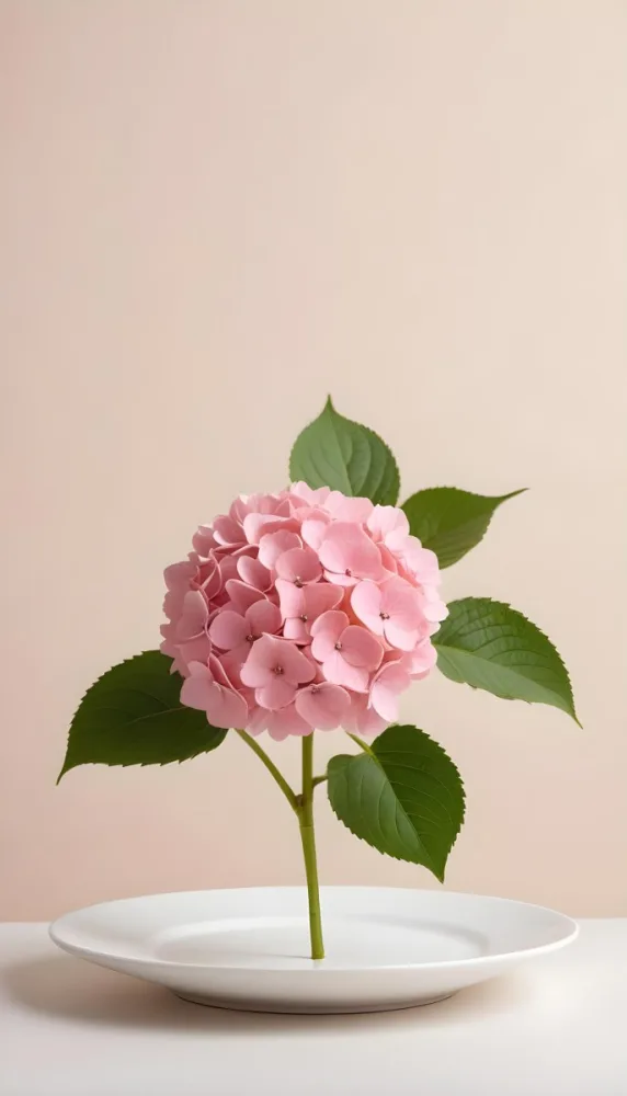 A Pink Hydrangea Flower On A White Stem With A White Plate In The Foreground Against A Light Peach Background 40 D232