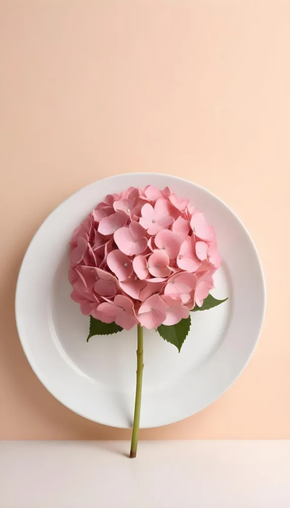 A Pink Hydrangea Flower On A White Stem With A White Plate In The Foreground Against A Light Peach Background 5 78b4