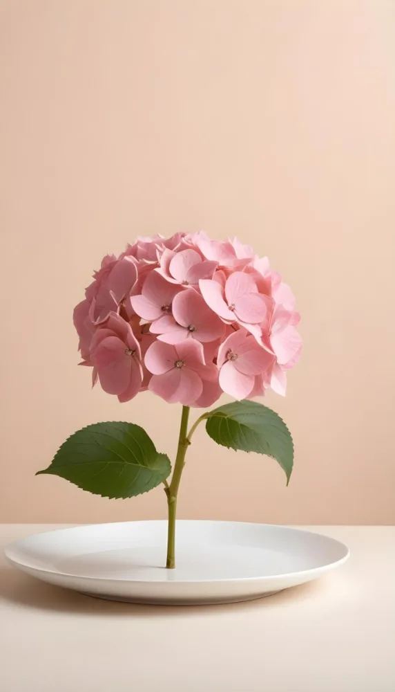 A Pink Hydrangea Flower On A White Stem With A White Plate In The Foreground Against A Light Peach Background 6 C22b