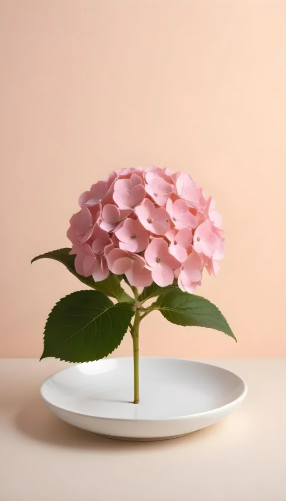 A Pink Hydrangea Flower On A White Stem With A White Plate In The Foreground Against A Light Peach Background 9 D84a