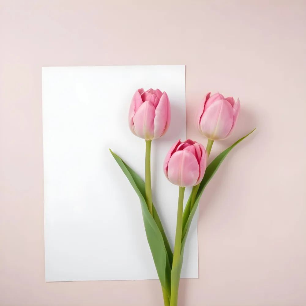 A Pink Tulip Flower With Green Stems In Front Of A Blank White Paper Sheet 5 B627