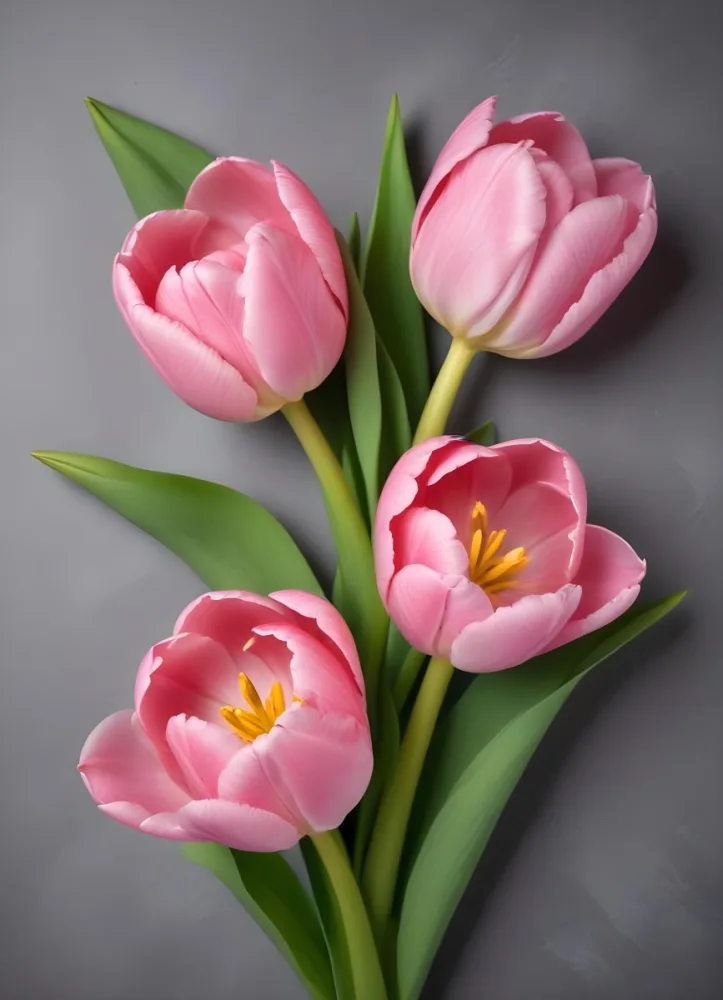 A Pink Tulip Flower With Green Stems In Front Of A Blank White Paper Sheet 53 C253