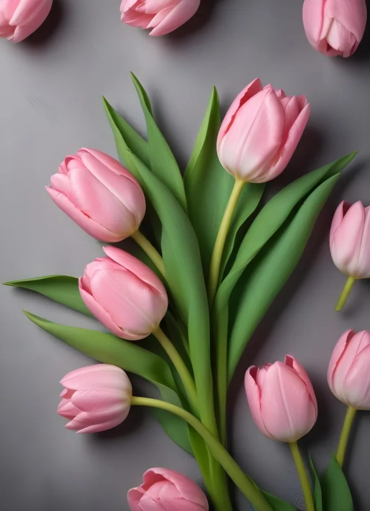 A Pink Tulip Flower With Green Stems In Front Of A Blank White Paper Sheet 71 3879
