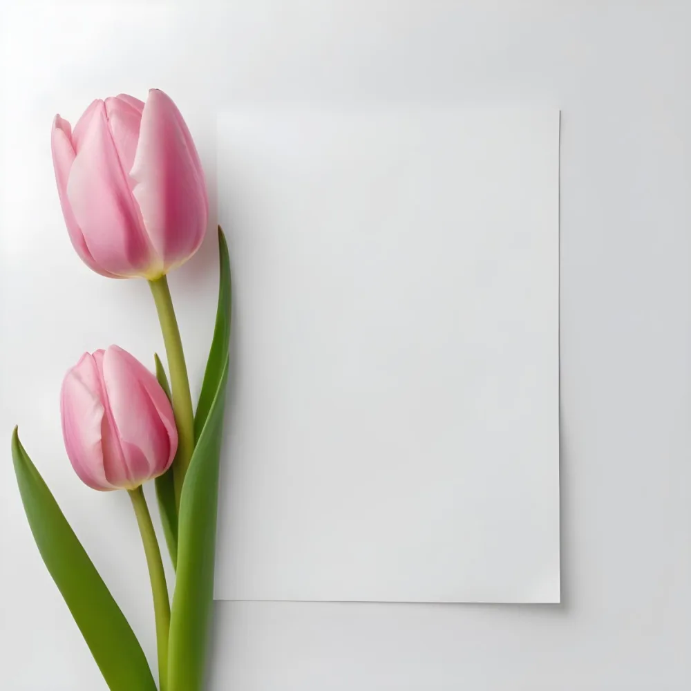 A Pink Tulip Flower With Green Stems In Front Of A Blank White Paper Sheet 9 085b