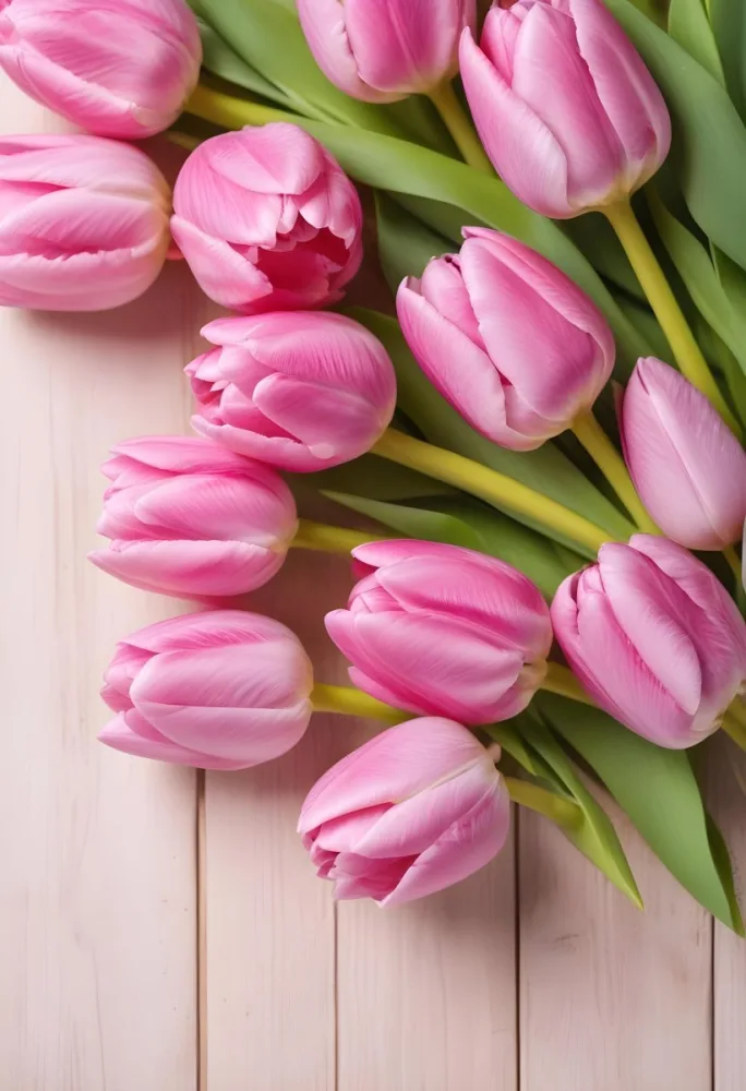 A Pink Tulip Flower With Green Stems In Front Of A Blank White Paper Sheet 90 A8e0