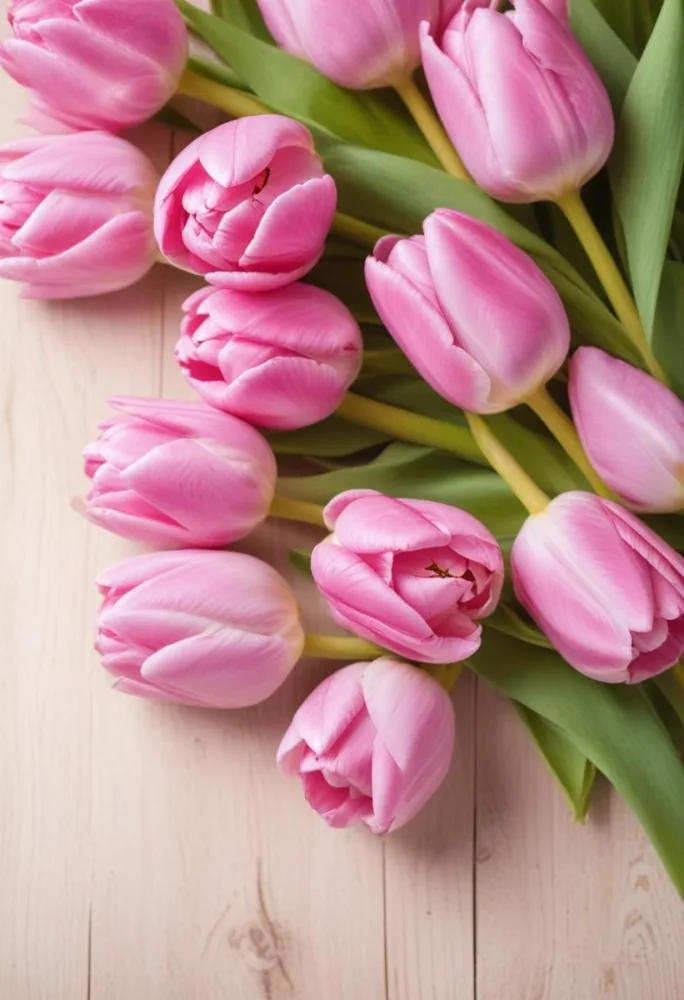 A Pink Tulip Flower With Green Stems In Front Of A Blank White Paper Sheet 94 7320