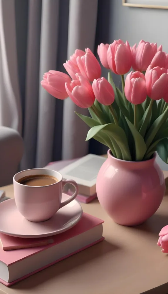 A Pink Vase With Pink Tulips A Cup Of Coffee With Milk And Some Books On A Table In A Living Room 5 40b4
