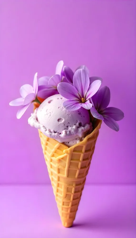 A Scoop Of Purple Ice Cream In A Waffle Cone Topped With Fresh Purple Flowers 1 5a03