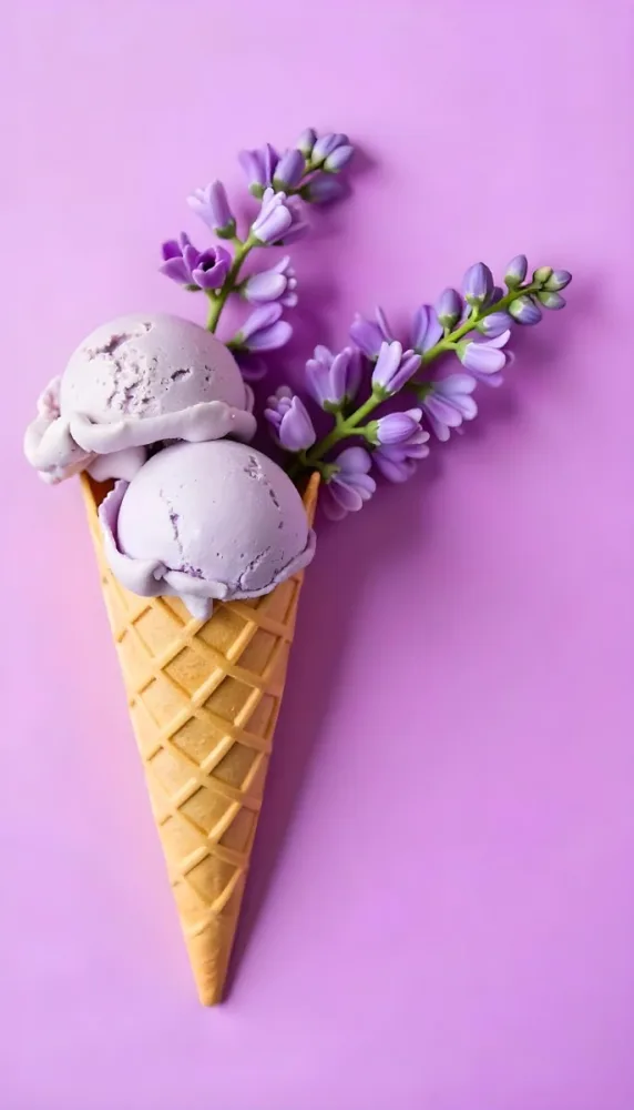 A Scoop Of Purple Ice Cream In A Waffle Cone Topped With Fresh Purple Flowers 10 B487