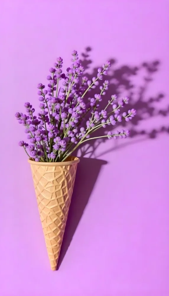 A Scoop Of Purple Ice Cream In A Waffle Cone Topped With Fresh Purple Flowers 14 0cfd