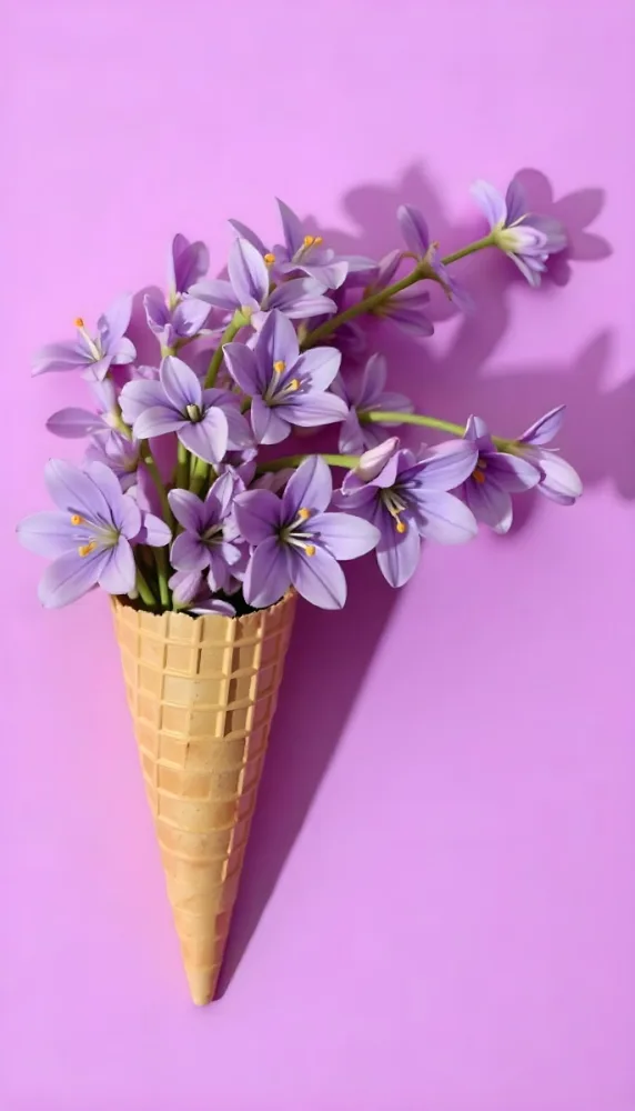 A Scoop Of Purple Ice Cream In A Waffle Cone Topped With Fresh Purple Flowers 17 3d3a