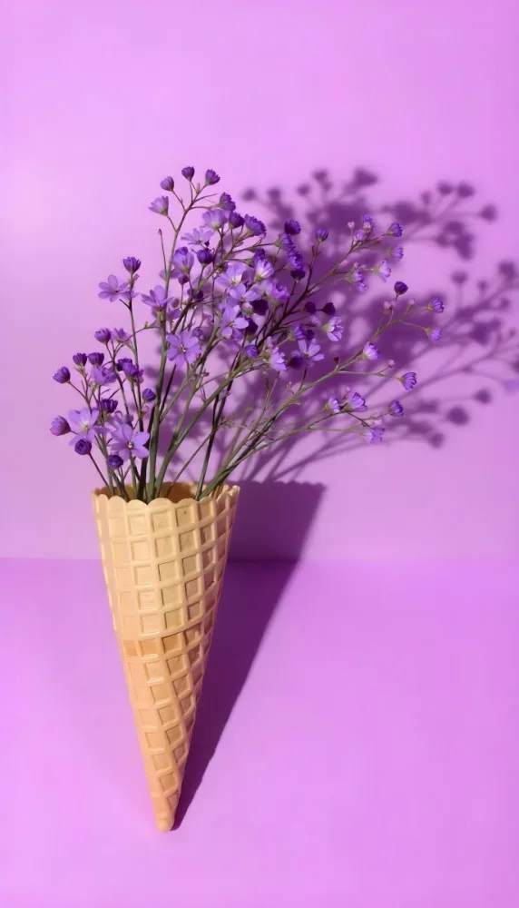 A Scoop Of Purple Ice Cream In A Waffle Cone Topped With Fresh Purple Flowers 19 672a