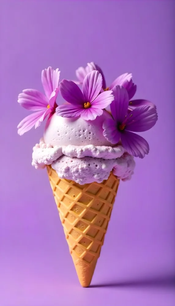 A Scoop Of Purple Ice Cream In A Waffle Cone Topped With Fresh Purple Flowers 2 564b