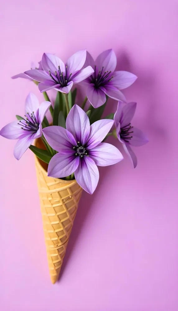 A Scoop Of Purple Ice Cream In A Waffle Cone Topped With Fresh Purple Flowers 3 B57a