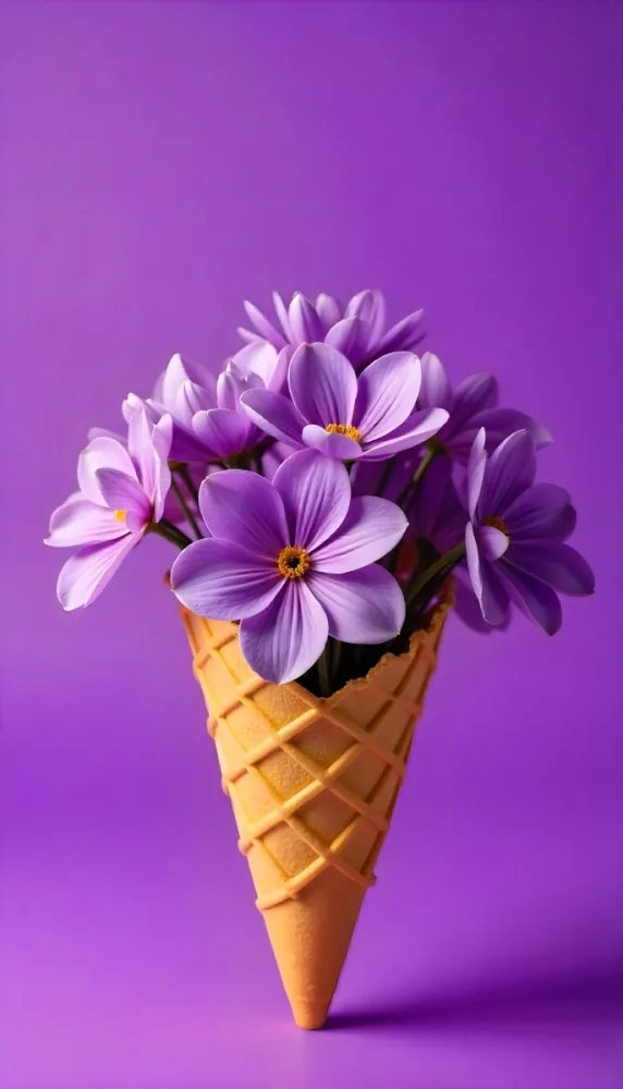 A Scoop Of Purple Ice Cream In A Waffle Cone Topped With Fresh Purple Flowers 4 A974