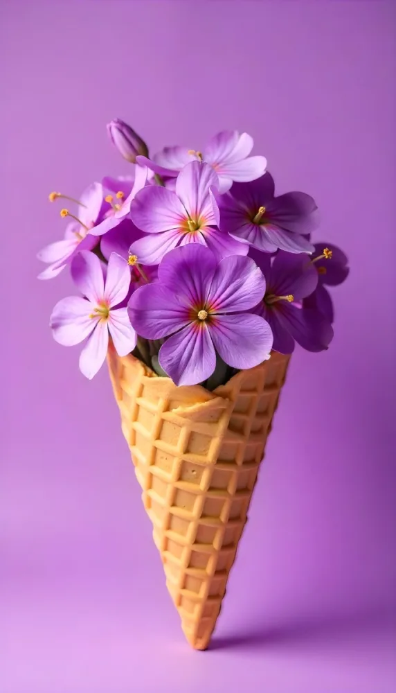 A Scoop Of Purple Ice Cream In A Waffle Cone Topped With Fresh Purple Flowers 5 0291