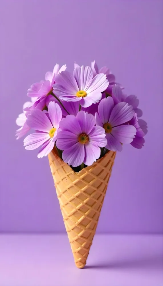A Scoop Of Purple Ice Cream In A Waffle Cone Topped With Fresh Purple Flowers 6 8977