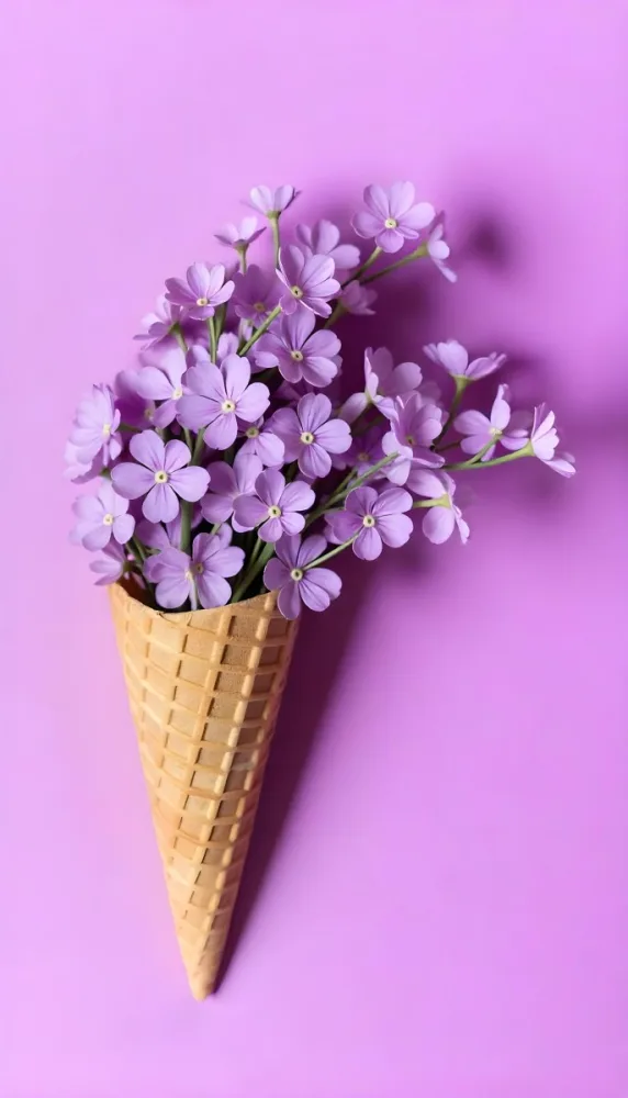 A Scoop Of Purple Ice Cream In A Waffle Cone Topped With Fresh Purple Flowers 7 600e