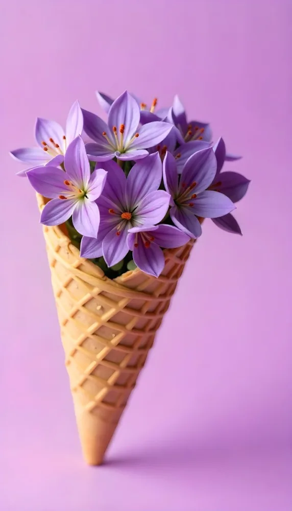 A Scoop Of Purple Ice Cream In A Waffle Cone Topped With Fresh Purple Flowers 9 1a4f