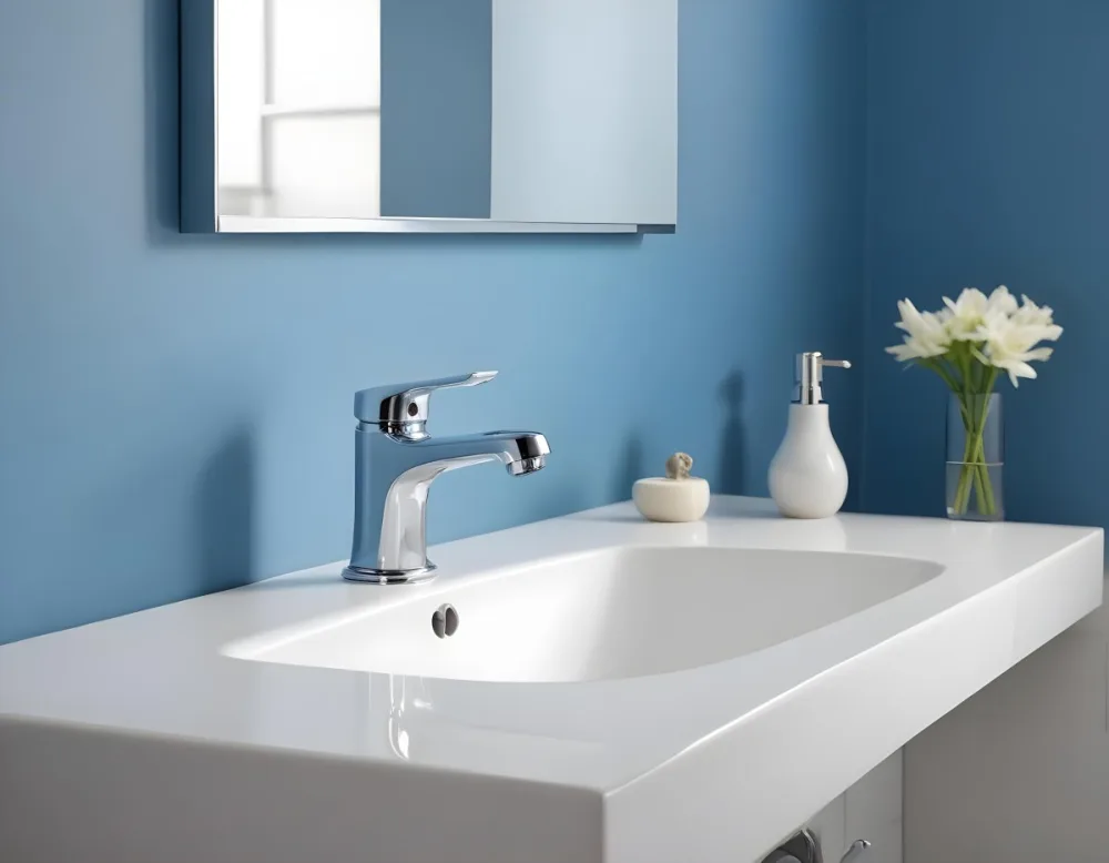 A Shiny Chrome Faucet With A Lever Handle Positioned On A White Countertop Set Against A Plain Blue Wall Showcasing A Modern Bathroom Fixture 5 Ebb6