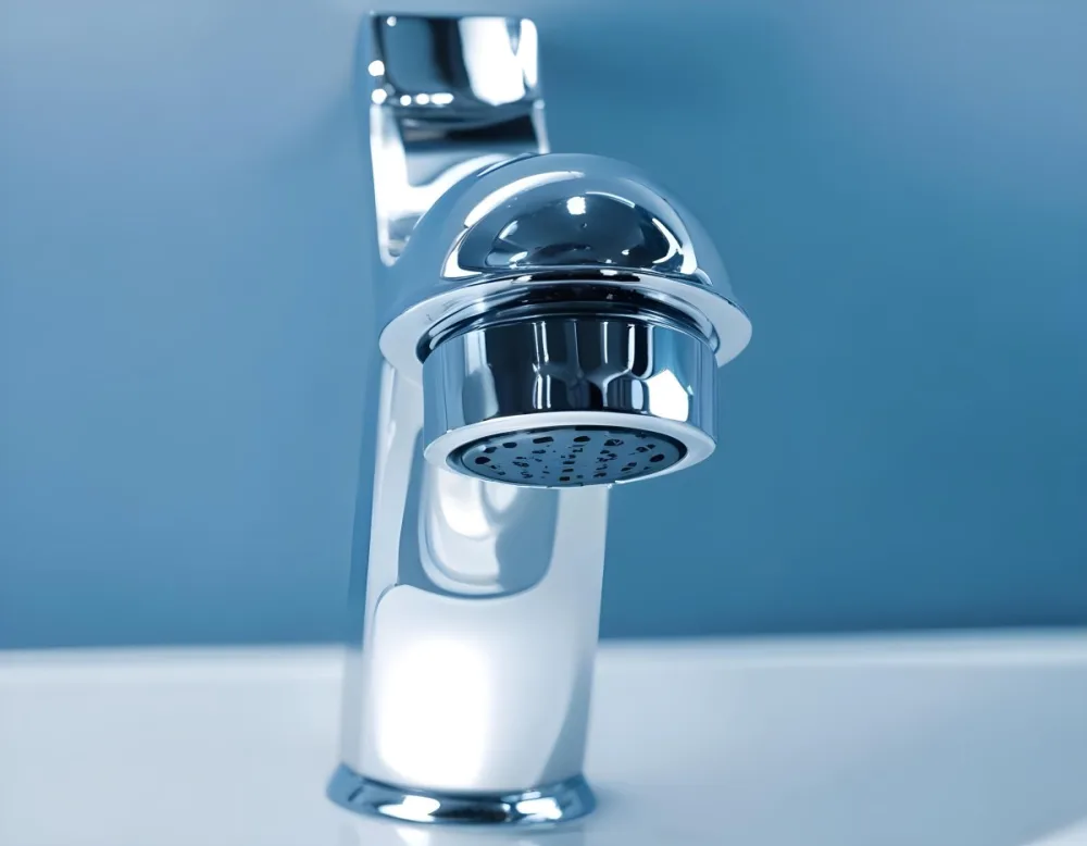 A Shiny Chrome Faucet With A Lever Handle Positioned On A White Countertop Set Against A Plain Blue Wall Showcasing A Modern Bathroom Fixture 6 6fc9