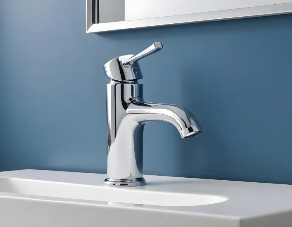 A Shiny Chrome Faucet With A Lever Handle Positioned On A White Countertop Set Against A Plain Blue Wall Showcasing A Modern Bathroom Fixture 7 25cd