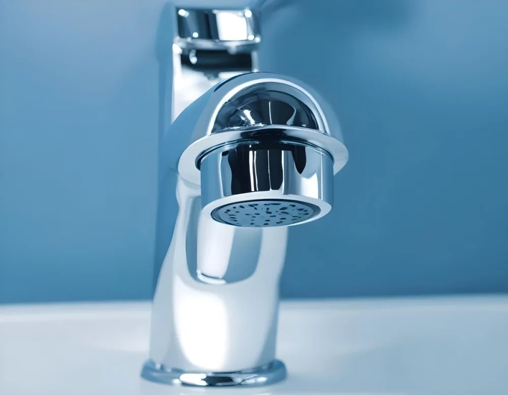 A Shiny Chrome Faucet With A Lever Handle Positioned On A White Countertop Set Against A Plain Blue Wall Showcasing A Modern Bathroom Fixture 8 Ab0a