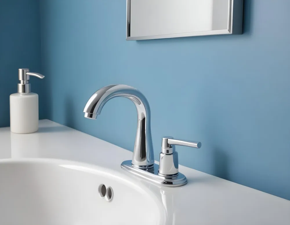 A Shiny Chrome Faucet With A Lever Handle Positioned On A White Countertop Set Against A Plain Blue Wall Showcasing A Modern Bathroom Fixture 9 6add