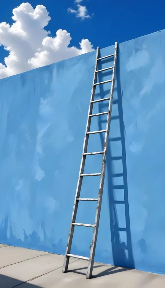 A Silver Ladder Leaning Against A Blue Wall Under A Blue Sky With Some Clouds The Ladder Is Casting A Shadow On The Wall 5 Aa32