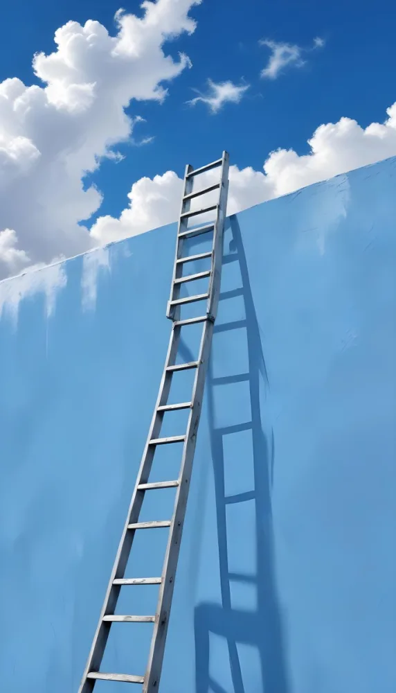 A Silver Ladder Leaning Against A Blue Wall Under A Blue Sky With Some Clouds The Ladder Is Casting A Shadow On The Wall 6 4d27