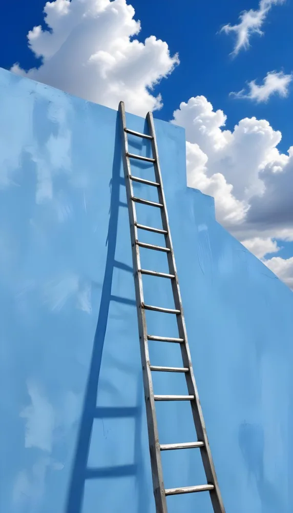 A Silver Ladder Leaning Against A Blue Wall Under A Blue Sky With Some Clouds The Ladder Is Casting A Shadow On The Wall 7 F0fd