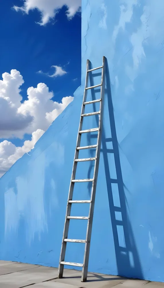 A Silver Ladder Leaning Against A Blue Wall Under A Blue Sky With Some Clouds The Ladder Is Casting A Shadow On The Wall 8 6864