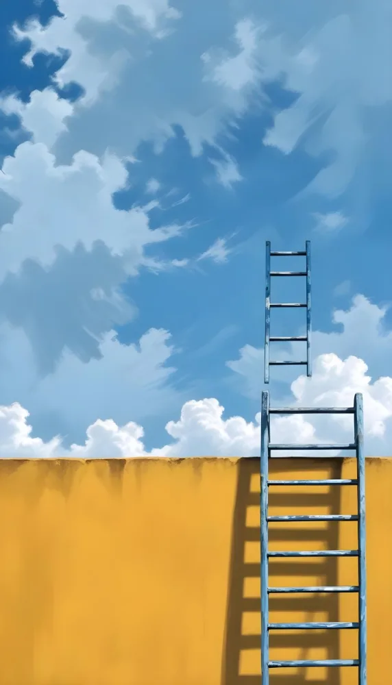 A Silver Ladder Leaning Against A Blue Wall Under A Blue Sky With Some Clouds The Ladder Is Casting A Shadow On The Wall 9 83c3