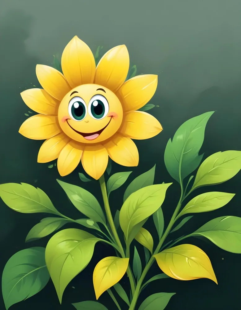 A Smiling Yellow Sunflower With A Happy Cartoon Face Surrounded By Green Leaves Against A Dark Background 1 996e